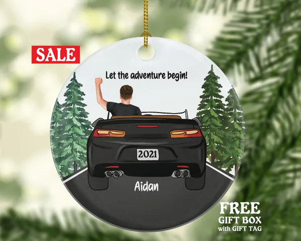 Personalized New Driver Christmas Ornament Boy Male Car Driving Convertible New License Owner Driver's License Plate Custom Gift For Teenage