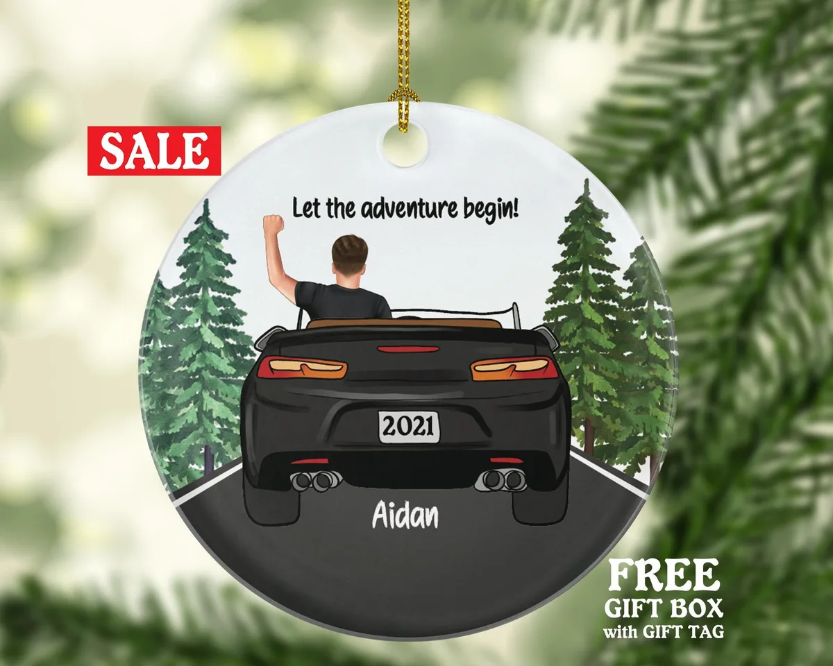 Personalized New Driver Christmas Ornament Boy Male Car Driving Convertible New License Owner Driver's License Plate Custom Gift For Teenage