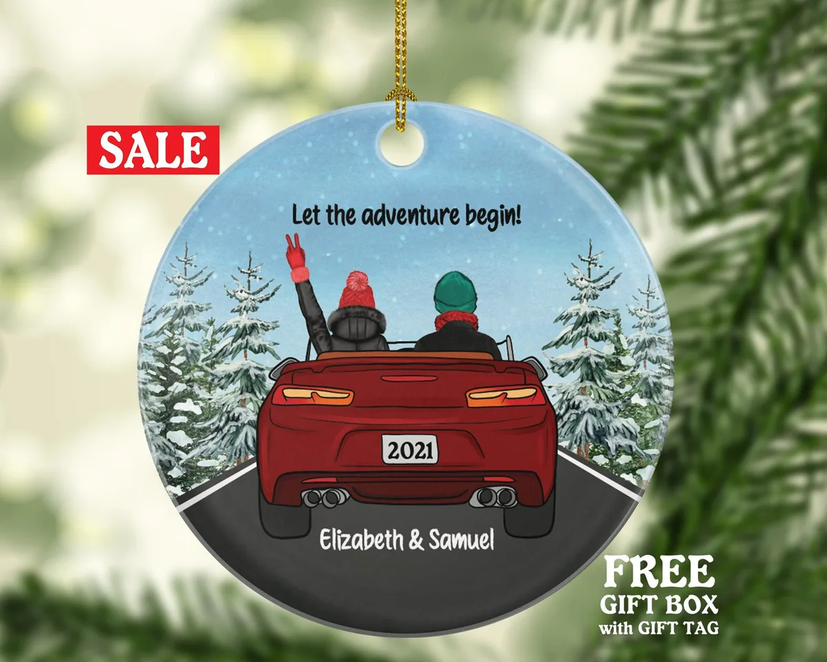 Couple In A Car Driving Christmas Ornament - Traveled Together Our First Trip Personalized Wedding Engaged New Couple Gift for Convertible