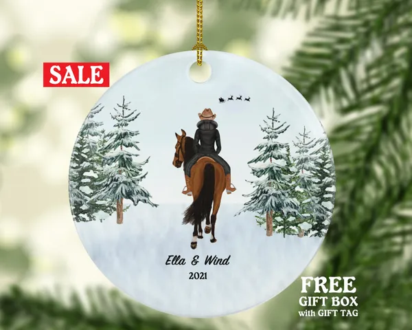 Riding a Horse Rider Christmas Ornament Personalized | Custom Names Horse Lover Gift Girl Female on a Horse