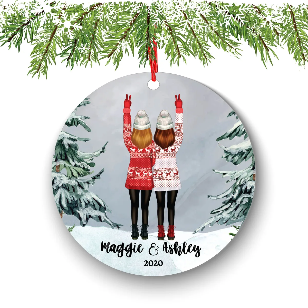 Soul Sisters for 2 Best Friends Christmas Ornament Personalized BFF Gift Custom Female Friends Besties Portrait Snow Forest Girl My Person