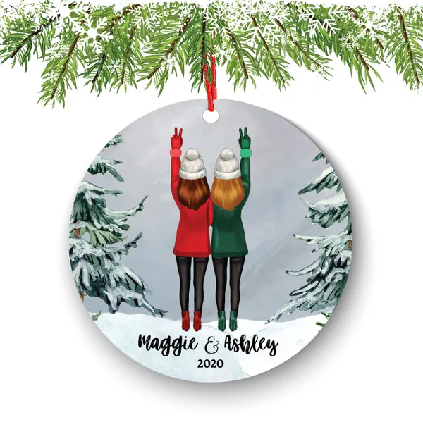Soul Sisters for 2 Best Friends Christmas Ornament Personalized BFF Gift Custom Female Friends Besties Portrait Snow Forest Girl My Person