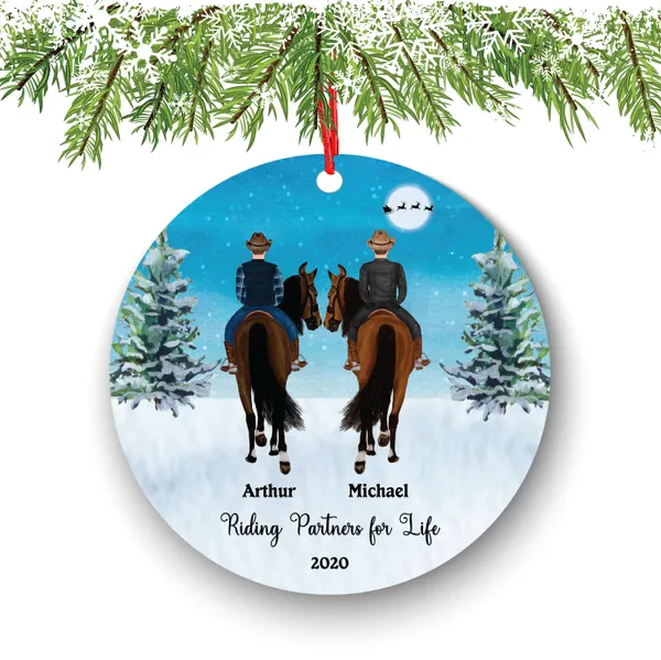 Personalized Male Boy Friends Riding Horse Rider Christmas Ornament Partners a horse Gift on the Horse Watercolor Portrait Buddies Brothers