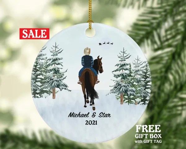 Riding a Horse Rider Christmas Ornament Personalized | Custom Names Horse Lover Gift Boy Male on a Horse