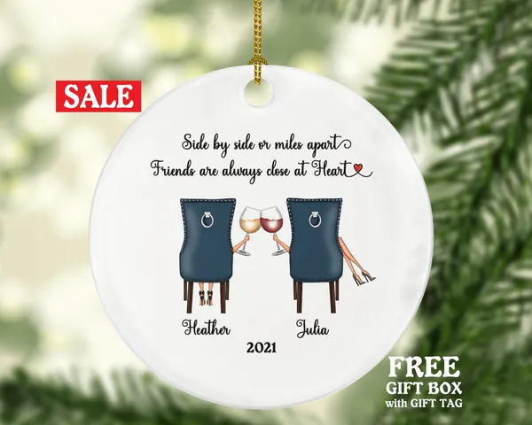 Wine Lover Girl Friends for 2 Christmas Ornament Personalized - Soul Sisters Best Friends BFF Gift, Besties