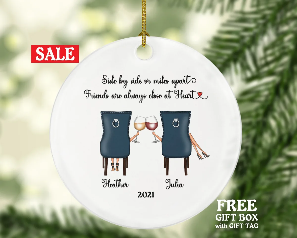 Wine Lover Girl Friends for 2 Christmas Ornament Personalized - Soul Sisters Best Friends BFF Gift, Besties