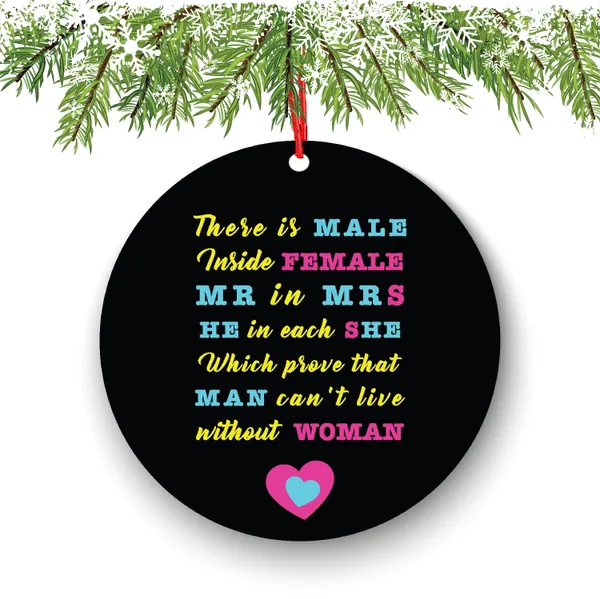 There is Male Inside Female Mr in Mrs He in Each She Funny Christmas Ornament - Funny Christmas Ornaments - Unique Ornaments - Free Gift Box