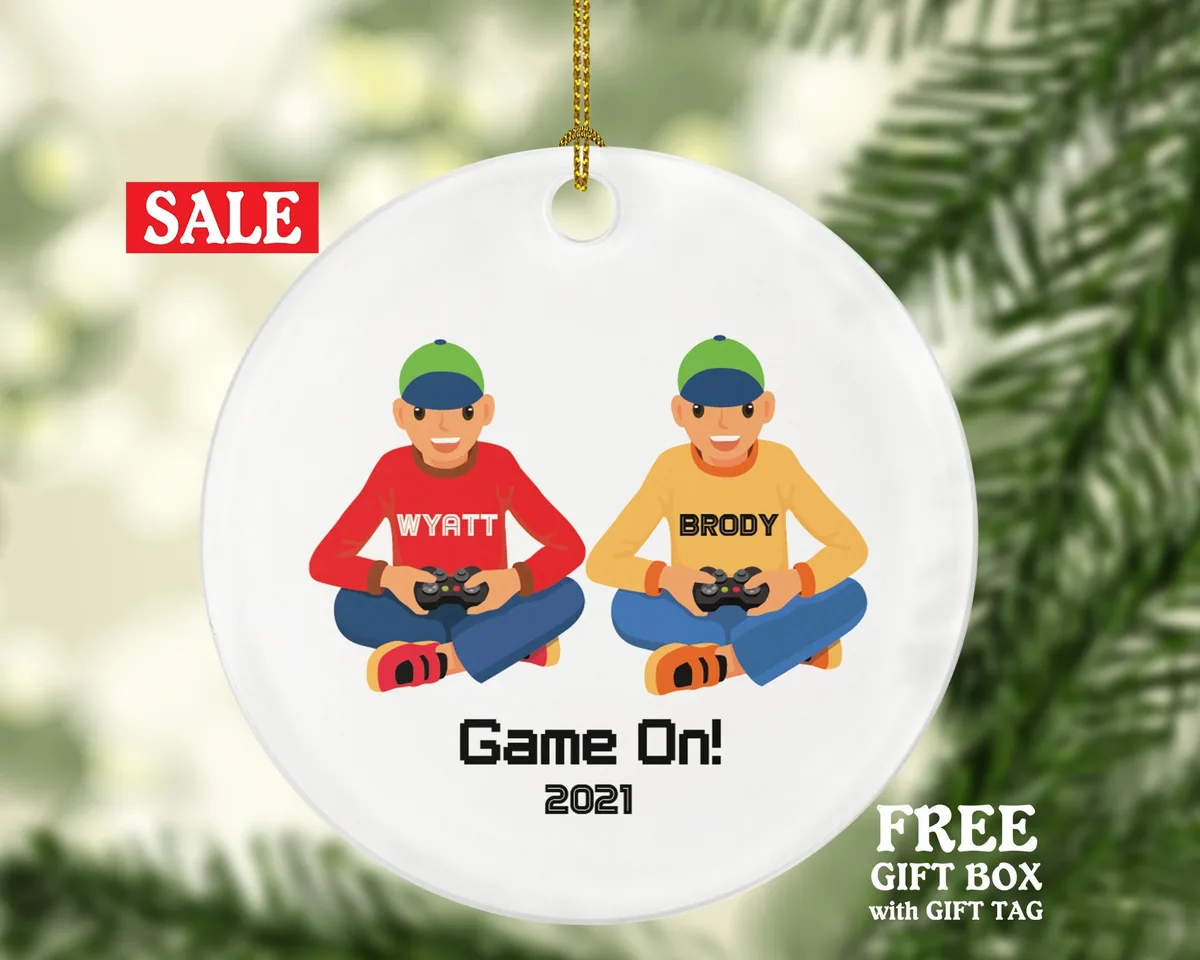 Personalized Video Game Player Gamer Boys Christmas Ornament - Best Friends Playing for Boy Controller Addict Hobby Joystick