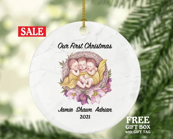 Infant Baby Triplets First Christmas Ornament Personalized - Newborn Baby Triplets Babies Pregnancy Expecting Baby Shower Gift