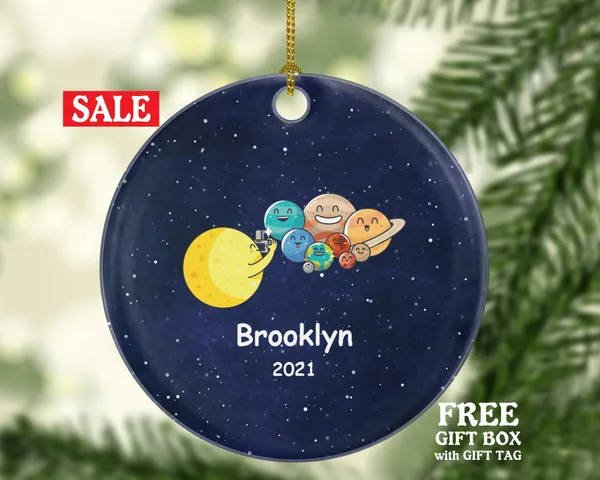 Solar System Funny Christmas Ornament Personalized, Sun Photo Shoot Planets Custom Gift with Name