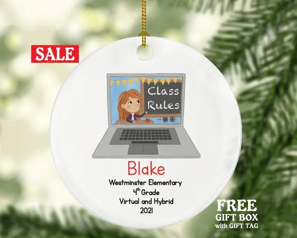 Distance Learning Virtual Class School Personalized Christmas Ornament - Survivor Pandemic Coronavirus Laptop Computer At Home