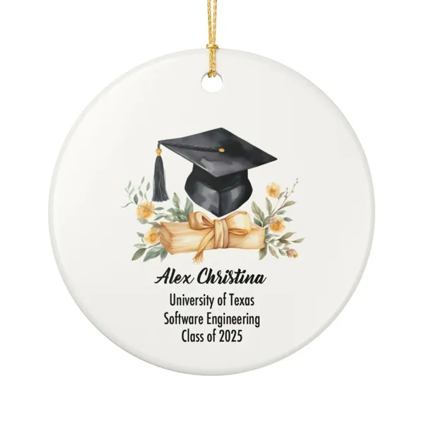 Graduation Ornament 2025 Custom Name Yellow Floral Cap Diploma Personalized Grad Keepsake Ceramic Gift