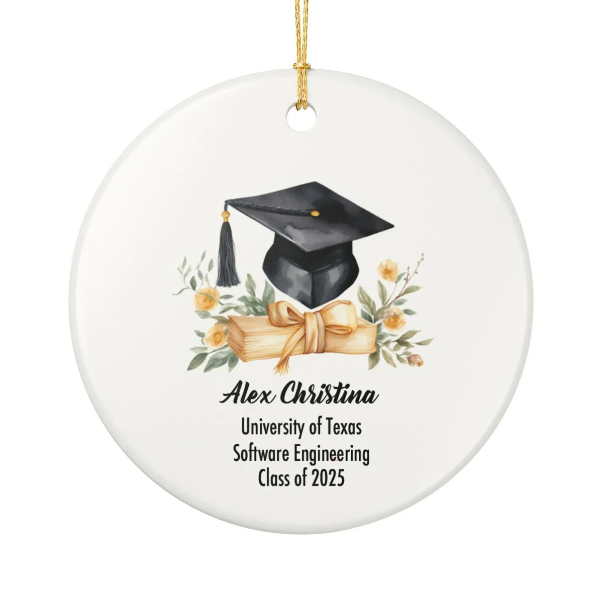 Graduation Ornament 2025 Custom Name Yellow Floral Cap Diploma Personalized Grad Keepsake Ceramic Gift