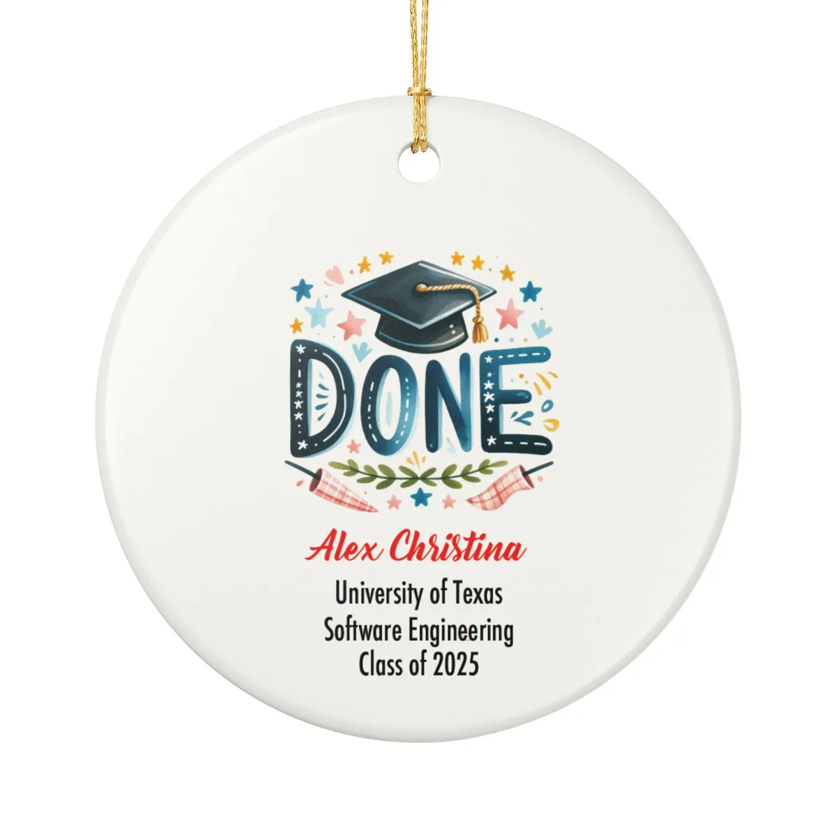 DONE Graduation Ornament 2025 Personalized Grad Gift Funny Cap and Banner Ceramic Keepsake with Name and School