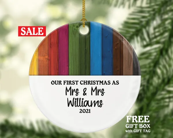 Personalized Gay Lesbian Couple Christmas Ornament Pride Rainbow Color LGBT - Lgbtq - Gay Pride - Love is Love - Love Wins Same Sex Marriage