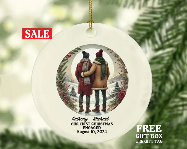 Gay Couple Christmas Ornament, Personalized Portrait Love is Love Same Sex Pride, First Christmas Engaged Custom Engagement Announcement