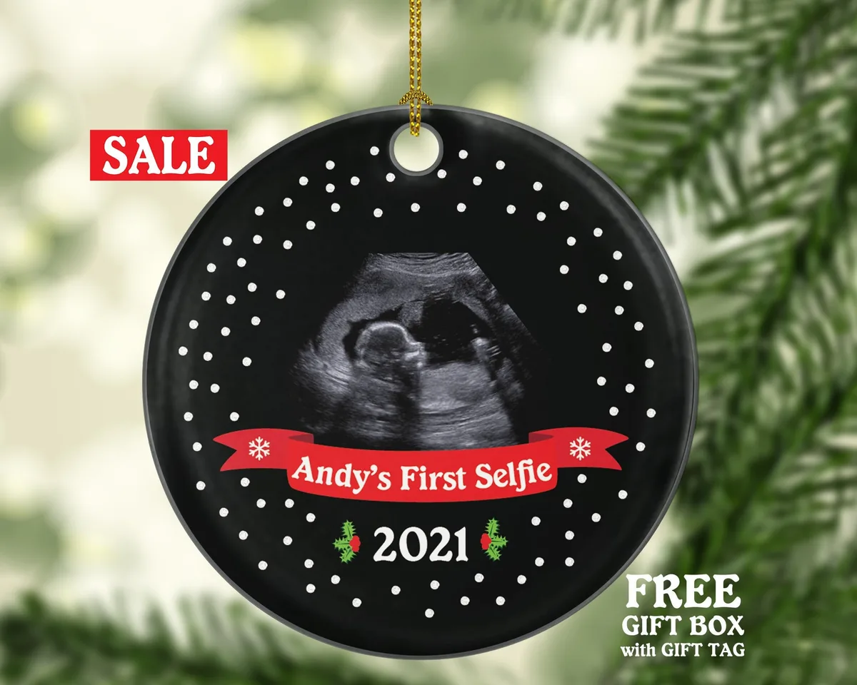 Baby's First Selfie Sonogram Photo Pregnancy Announcement Ornament - We're Were Expecting Christmas New Baby Girl Boy Pregnant Parents Gift