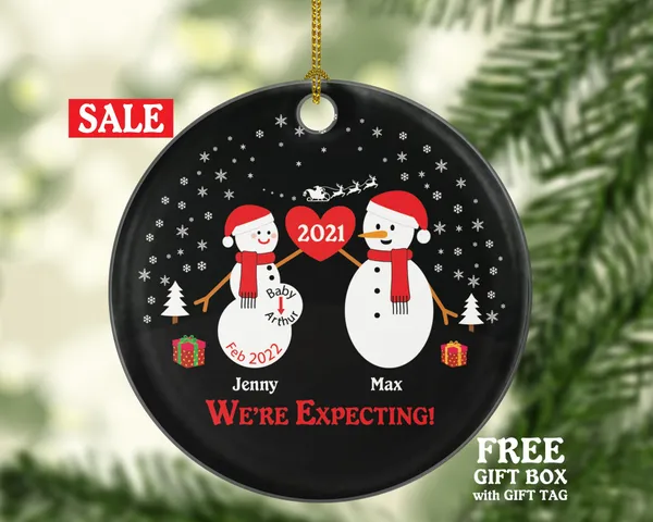 Personalized We're Expecting Christmas Ornament Expected New Baby Girl Boy Family of Three 3 Daddy Mommy Dad Pregnancy announcement Mom