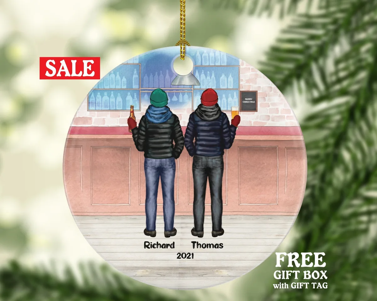 Best Friends BFF Male Boy Drinking Beer Brother Christmas Ornament - Personalized Buddies Gift Custom Besties Forever