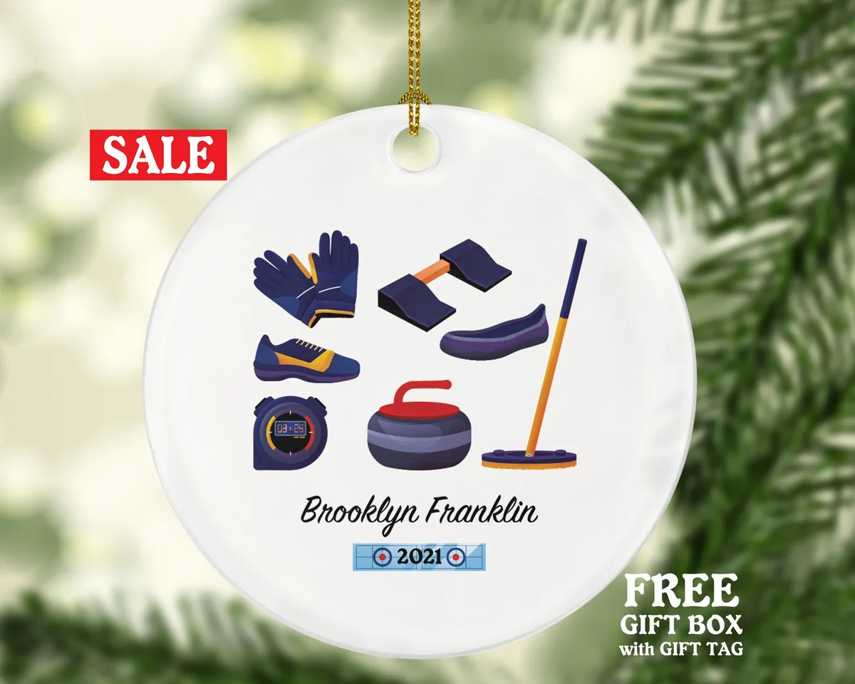 Curling Christmas Ornament Personalized, Gift for Curler Curling Equipment Stone