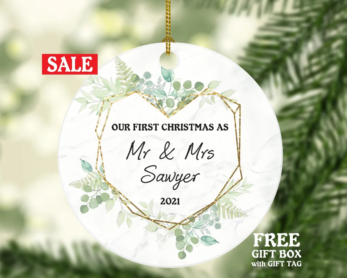 Our First Christmas as Mr & Mrs Personalized Ornament - Newlywed Mr. and Mrs. Wedding Couple Just Married Marriage Gift