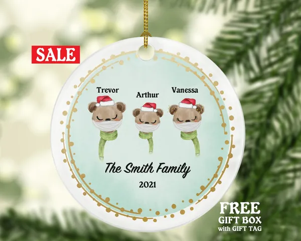 Personalized Family With Mask Ornament - Covid Christmas Ornament - 1,  2, 3, 4 Family Ornament