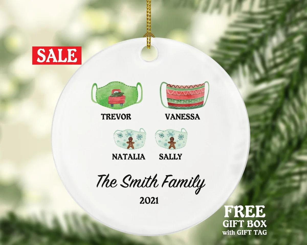 Personalized Christmas Family Mask Ornament - Survivor Family with Face Mask (family of 1 2 3 4 5 6) Covid19 Pandemic Coronavirus