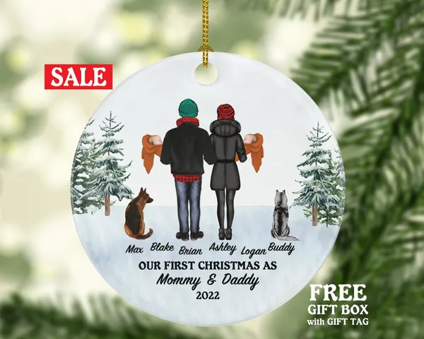 Mommy and Daddy of Twins with Pet First Christmas Infants Ornament - New Babies Parents As Mother Father Mom Dad Gift Kid Child Our Family