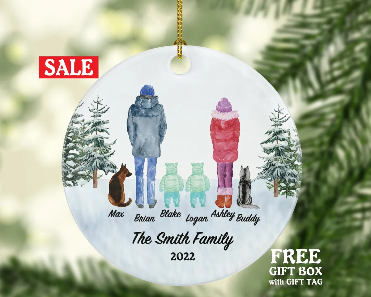 Twins Family with Pet Christmas Ornament - Mommy and Daddy New Babies Parents As Mother Father Mom Dad Gift Kid Child Our First