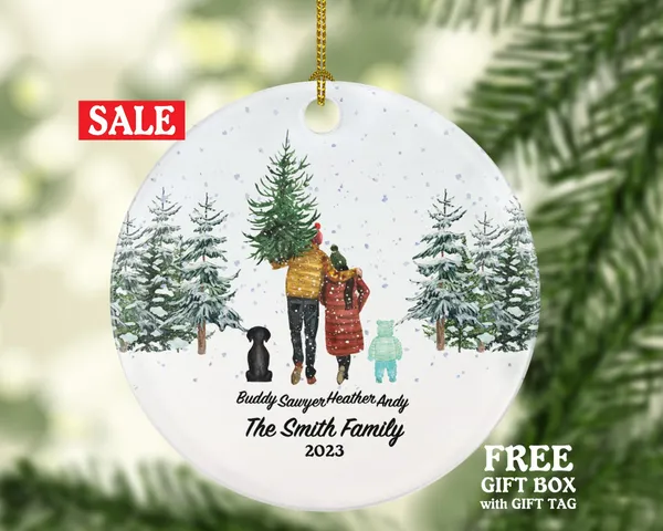 Family of 3 with Dog Cat Pet Christmas Ornament Custom Fur Boy Girl Toddler New Baby Mom Dad Gift Lover Owner Holiday Rescue Breeds