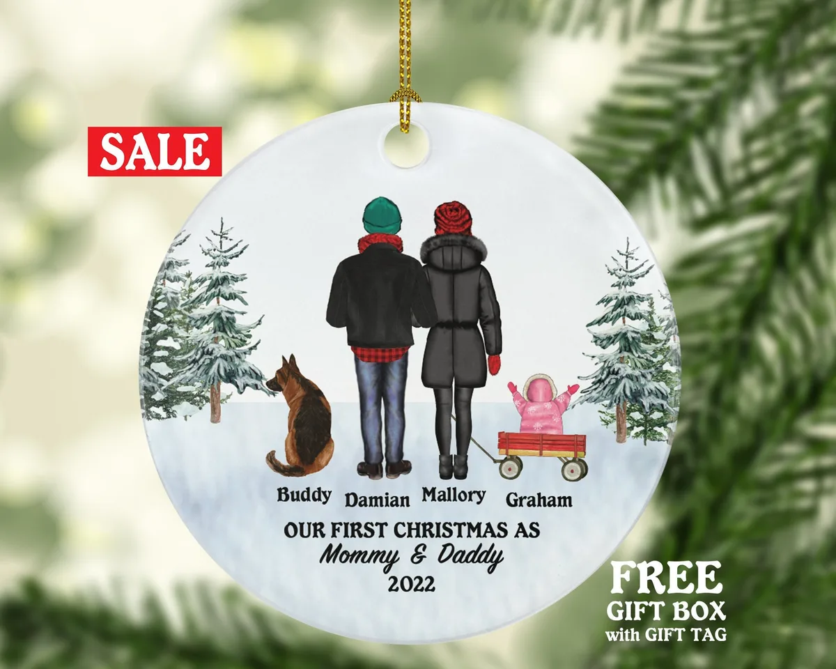 Mommy Daddy Baby and Dog Cat Pet Personalized Christmas Ornament Custom Family of 3 Fur New Mom Dad Newborn Gift Lover Owner Holiday