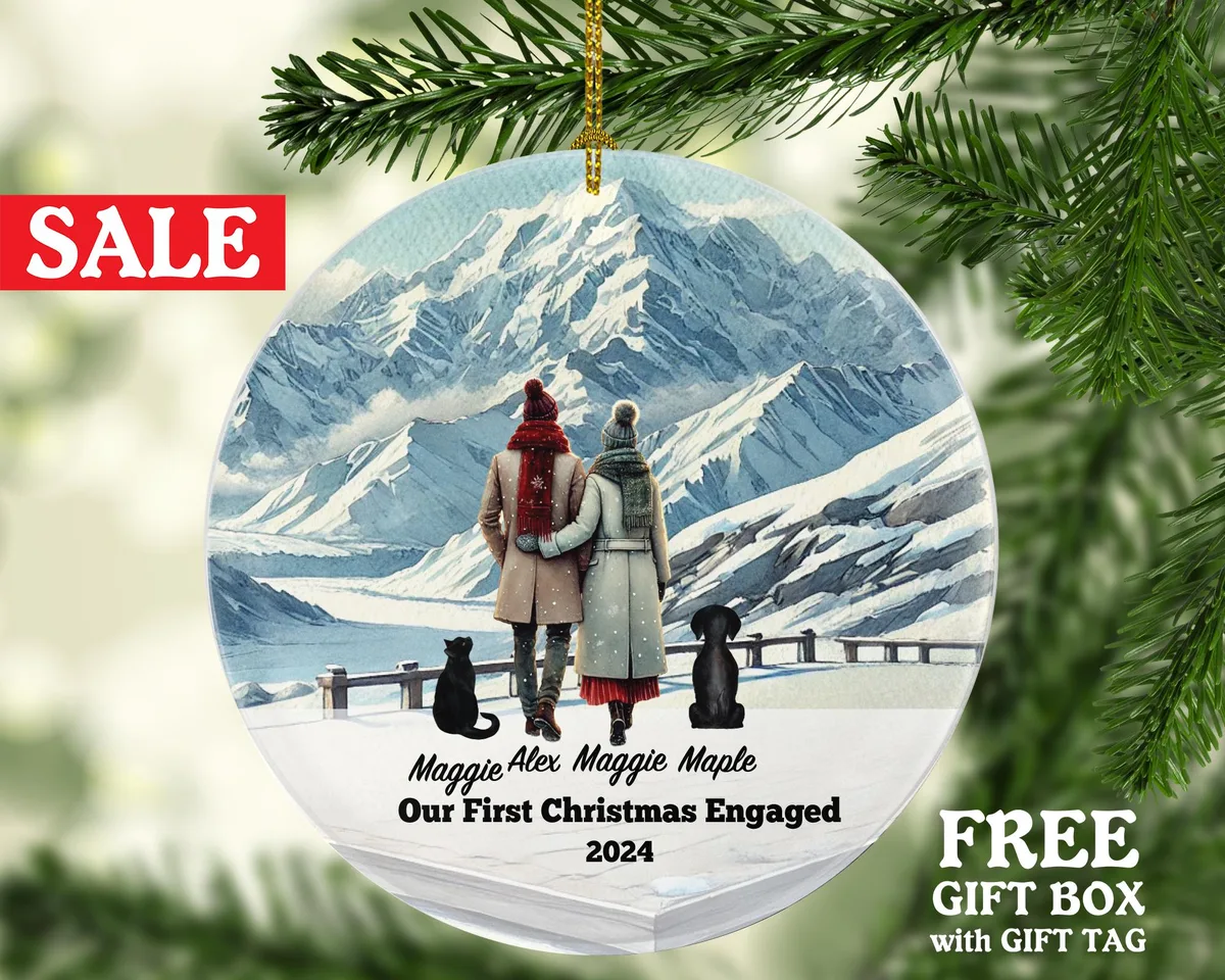 Engaged Couple Mountain Pet Dog Cat Owner Personalized Christmas Ornament First Engagement Announcement Custom Lover Gift Fur Holiday Rescue
