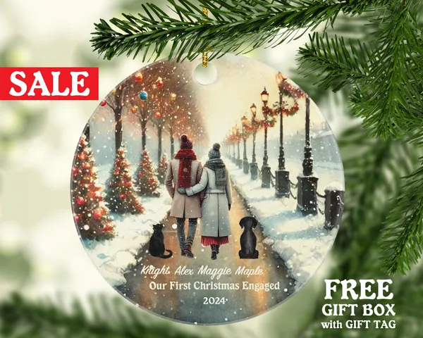 Engaged Couple Lights Pet Dog Cat Owner Personalized Christmas Ornament First Engagement Announcement Custom Lover Gift Fur Holiday Rescue