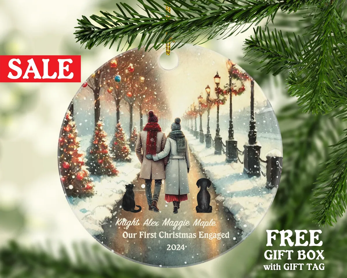 Engaged Couple Lights Pet Dog Cat Owner Personalized Christmas Ornament First Engagement Announcement Custom Lover Gift Fur Holiday Rescue