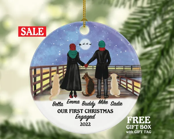 Engaged Dog Cat Pet Owner Couple Personalized Christmas Ornament First Engagement Announcement Custom Lover Gift Fur Holiday Rescue Breeds