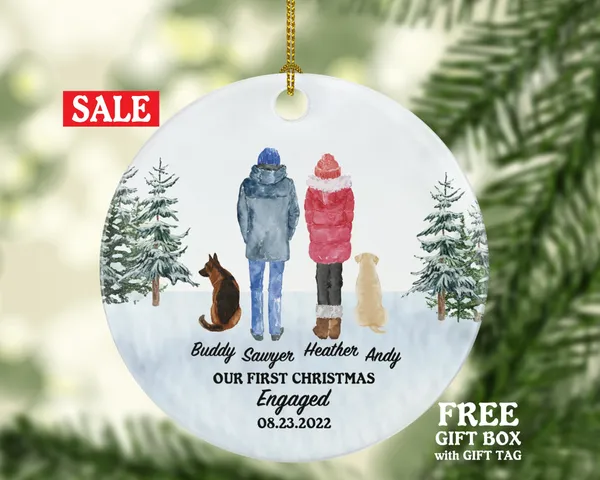 Dog Cat Pet Owner Engaged Couple Personalized Christmas Ornament First Engagement Announcement Custom Lover Gift Fur Holiday Rescue Breeds