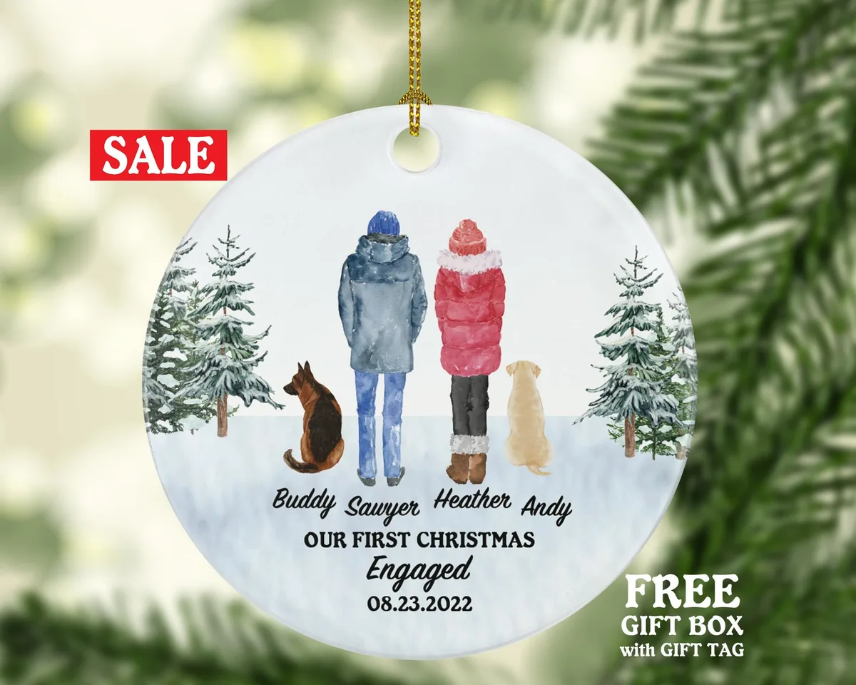 Dog Cat Pet Owner Engaged Couple Personalized Christmas Ornament First Engagement Announcement Custom Lover Gift Fur Holiday Rescue Breeds