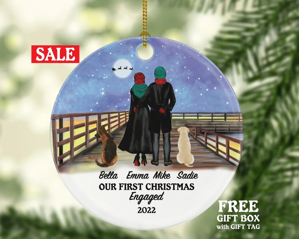 Engaged Couple Pet Cat Dog Owner Couple Personalized Christmas Ornament First Engagement Announcement Custom Lover Gift Fur Holiday Rescue