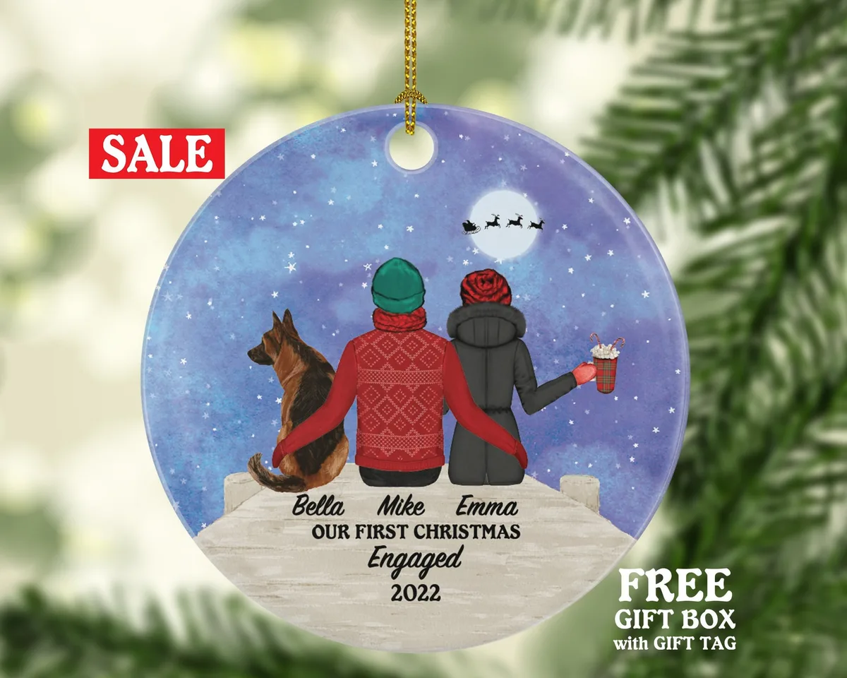 Engaged Couple with Dog Cat Pet Personalized Christmas Ornament First Engagement Announcement Custom Lover Owner Fur Holiday Rescue Breeds