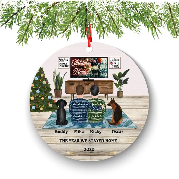 Gay Couple Christmas Ornament - Cozy Movie Night with Pets