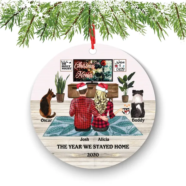 Personalized Couple Ornament: Custom Pet Names, Cozy Holiday Scene