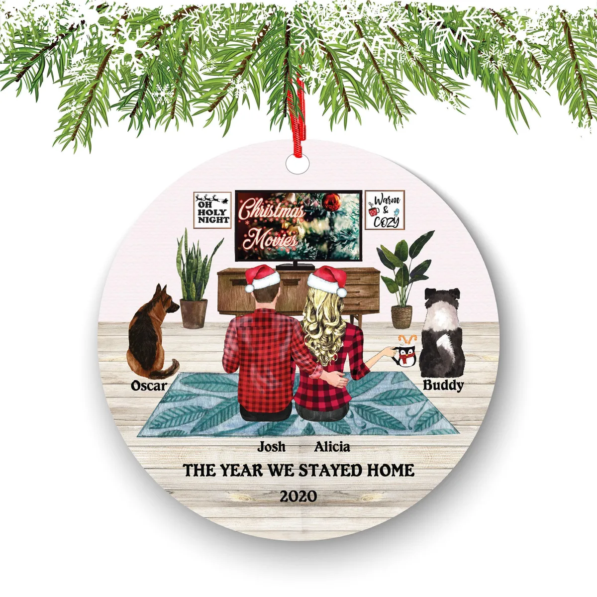 Personalized Couple Ornament: Custom Pet Names, Cozy Holiday Scene