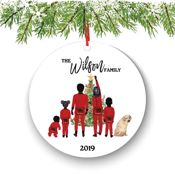 Custom Family Christmas Ornament - Red Pajamas with Pets