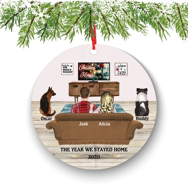 Couple Christmas Ornament: Custom Names, Cozy Movie Night - Ceramic