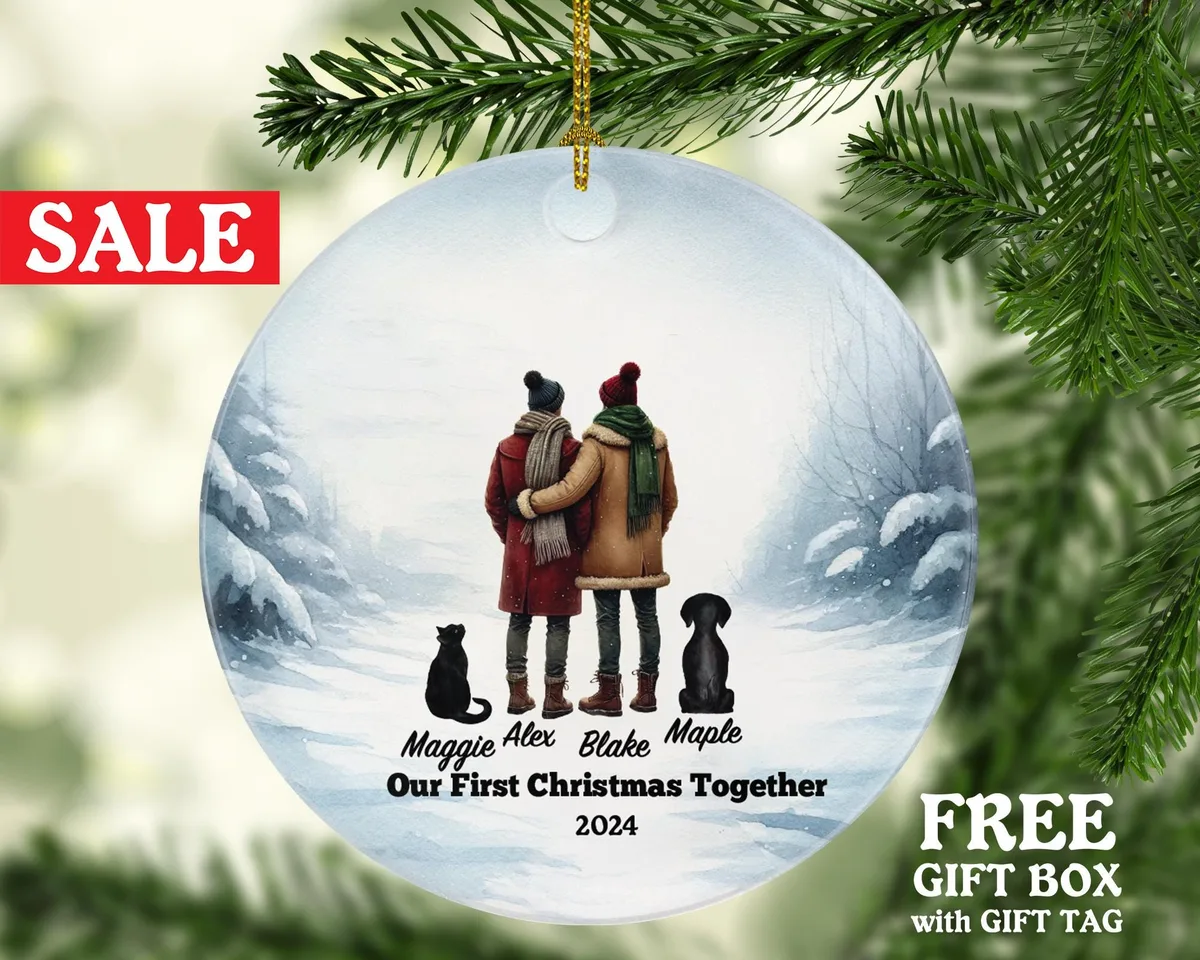 Gay Couple with Dog Cat Pet Christmas Ornament Personalized Lover Portrait Present for LGBTQ Love is Same Sex Mr and Mr. Bird Horse Rabbit