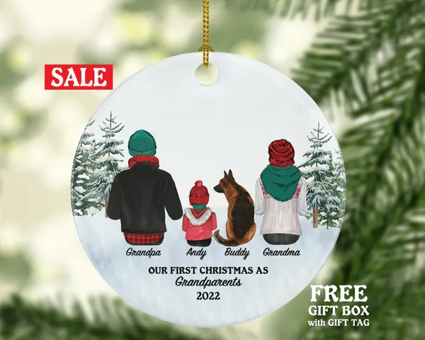 Grandparents with Baby and Pet Dog Cat First Christmas Personalized Ornament Custom Grandma Grandpa Newborn Infant Lover Owner Holiday Gift