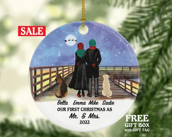 Married Couple with Dog Cat Mr & Mrs Pet Owner Christmas Ornament Personalized Newlywed First Christmas as Mr. and Mrs. Wedding Custom Gift
