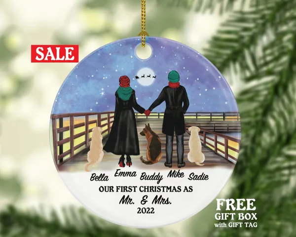Dog Cat with Married Couple Mr & Mrs Pet Owner Christmas Ornament Personalized Newlywed First Christmas as Mr. and Mrs. Wedding Custom Gift