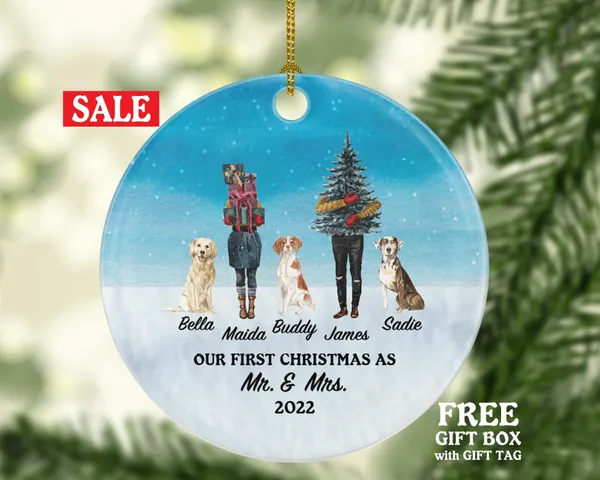 Dog Cat and Married Couple with Pet Owner Christmas Ornament Personalized Mr & Mrs Newlywed First as Mr. and Mrs. Wedding Custom Gift
