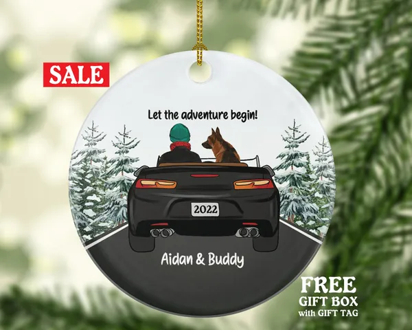 Dog and Driver Male in Convertible Car Personalized Christmas Ornament New Driving Custom Pet Lover Owner Women Gift Fur Holiday Rescue